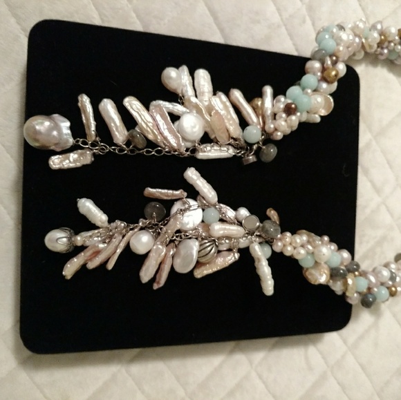 Genuine Pearl and Gemstone Necklace Earrings Set - Picture 5 of 6